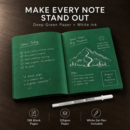 💚 Deep Green Blank Notebook with White Gel Pen | Aesthetic Writing & Sketch Journal