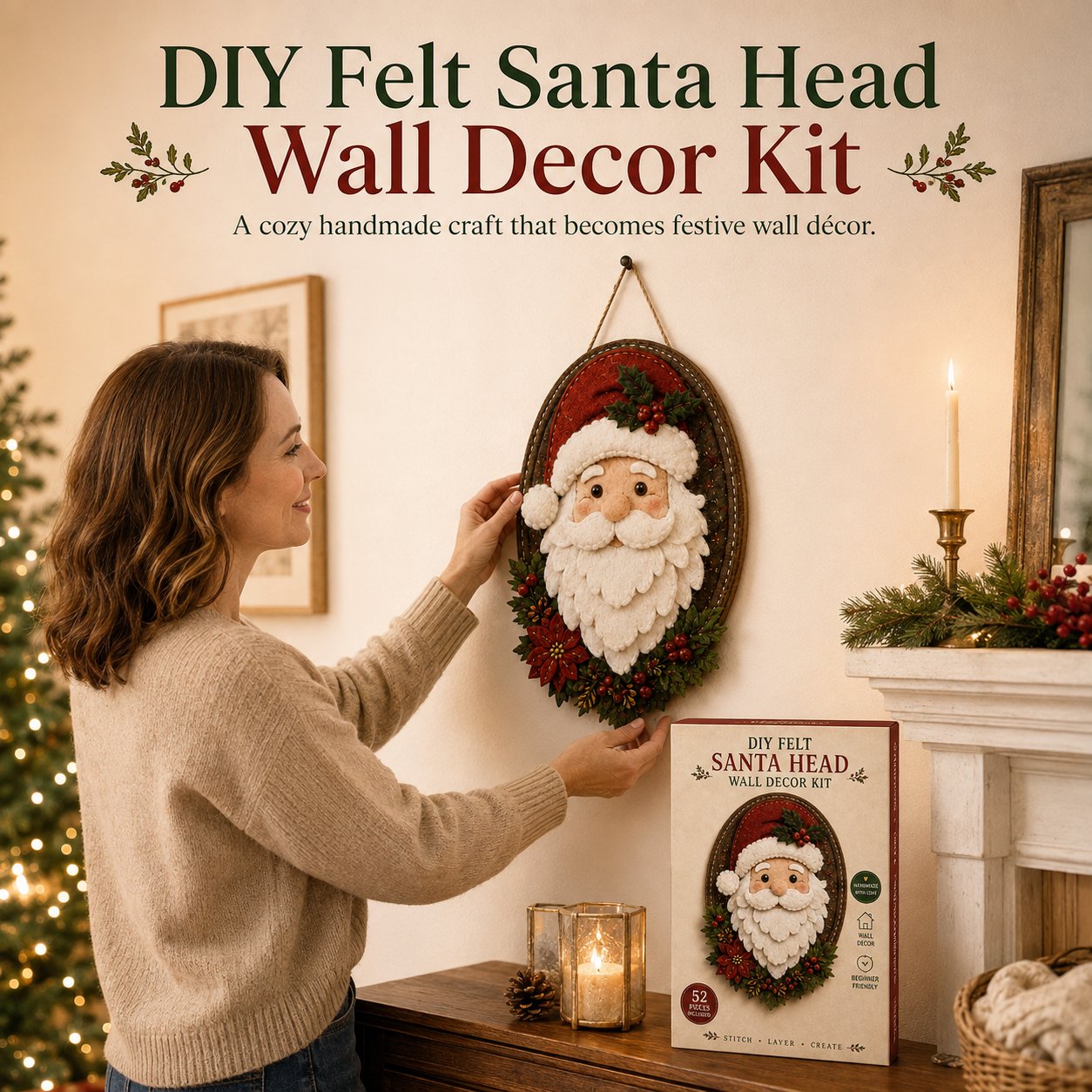 ⏳ Last Day 49% OFF – 🎅 Beginner-Friendly 52-Piece DIY Layered Felt Santa Wall Decor Kit | Complete Kit with All Tools & Step-by-Step Guide Included 💕