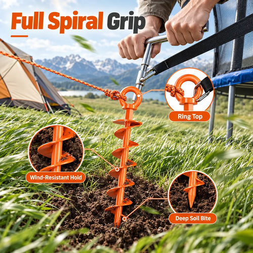 Heavy-Duty Spiral Ground Anchors Cast Steel Screw-In Ground Stakes for Securing Trampolines, Tents & Canopies Against Strong Winds, Outdoor Camping & Backyard Use