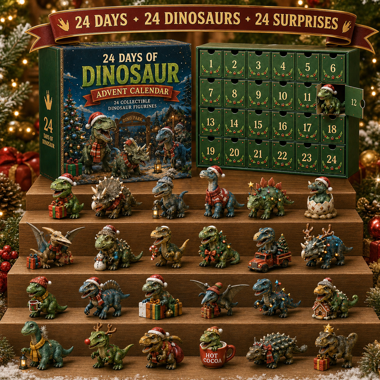 24 Days of Dinosaur Christmas Advent Calendar – 24 Collectible Dino Figurines & Holiday Surprises