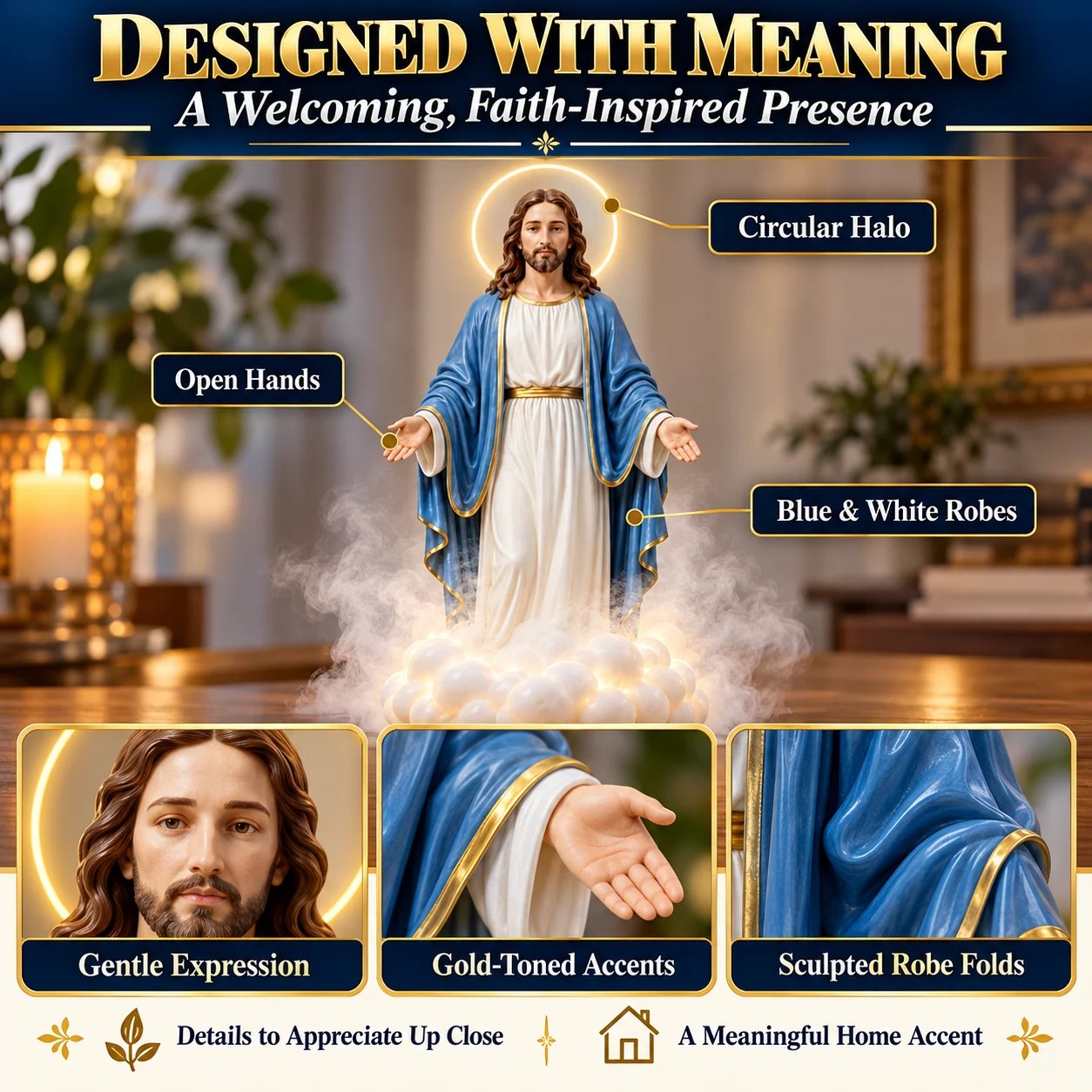 Holy Mist humidifier detailed blue white robes halo open hands cloud sculpture