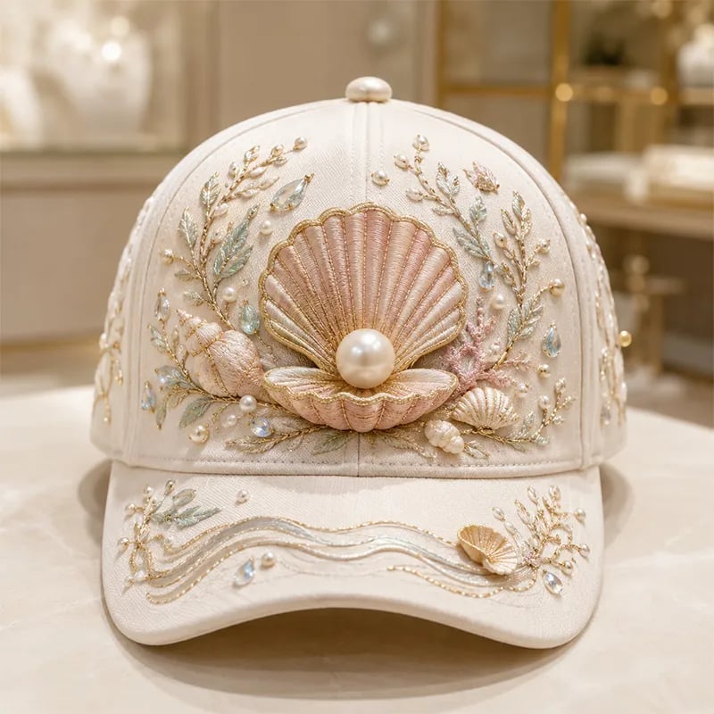 🌊 3D Ocean Creatures Embroidery Cap | Pearl & Crystal Adjustable Hat for Beach, Travel & Everyday Wear
