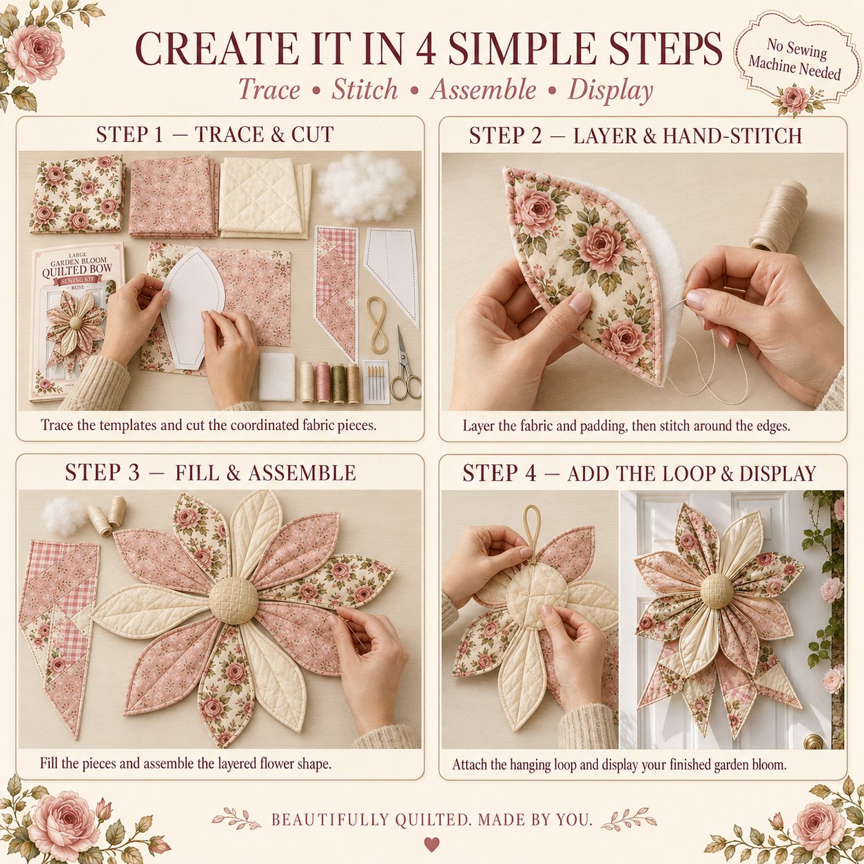 🌸 Beginner-Friendly Oversized Garden Blossom Quilted Bow Sewing Kit | Complete Kit with All Tools & Step-by-Step Guide Included 💕