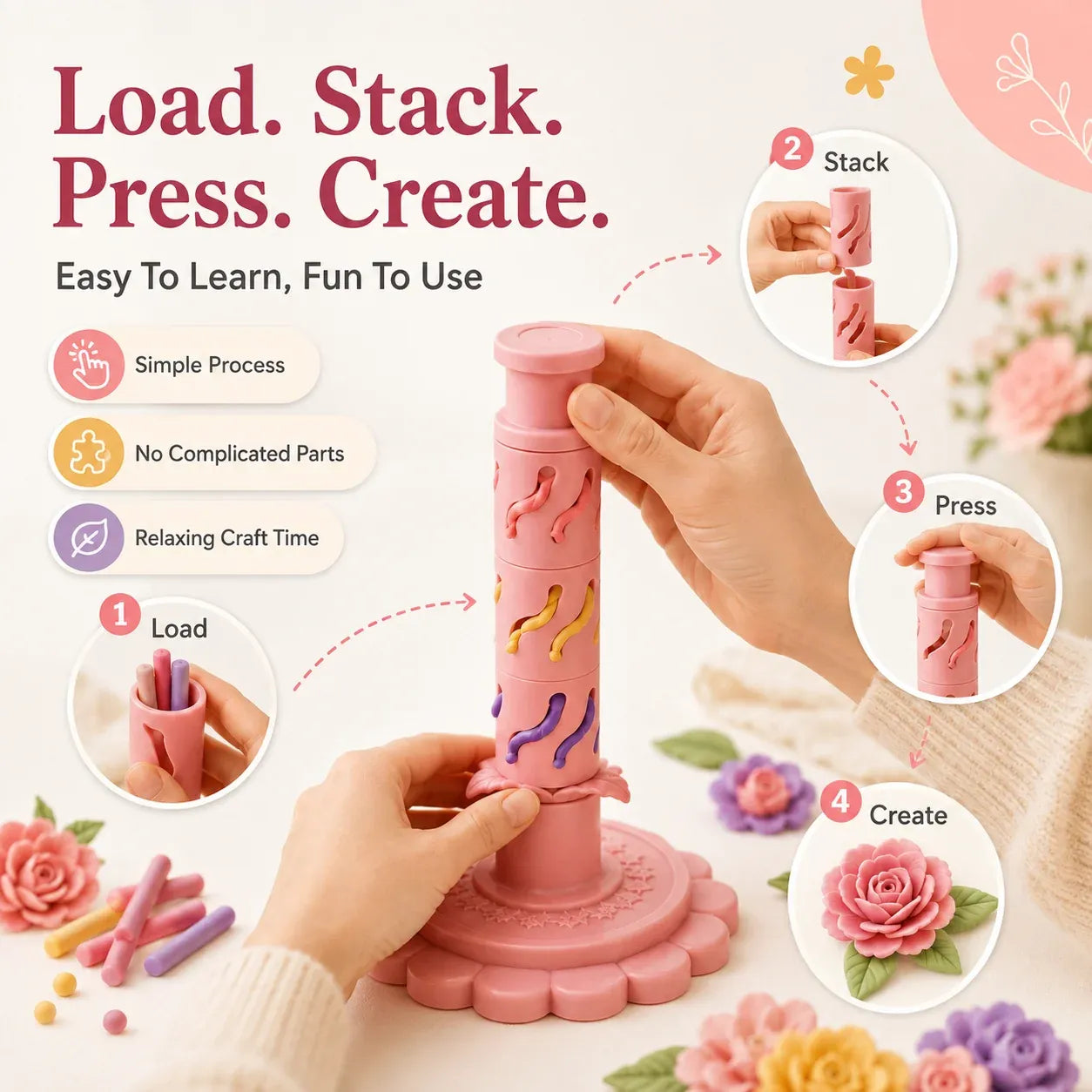 ⏳ Last Day 49% OFF – 🌸 Beginner-Friendly Clay Bloom Maker Set | Reusable 3D-Printed Flower Shaping Tool with Interchangeable Sleeves & 24-Color Modeling Clay Included ✨