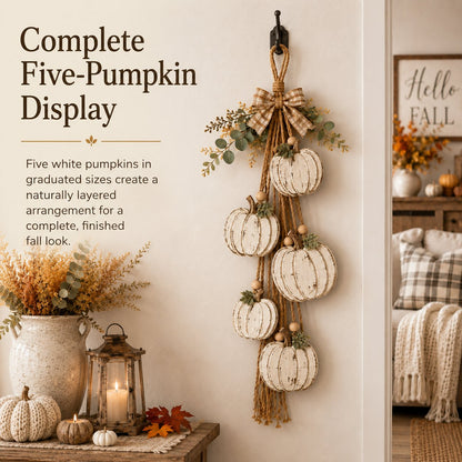Rustic White Pumpkin Hanging Swag – 5-Pumpkin Fall Wall & Door Decor