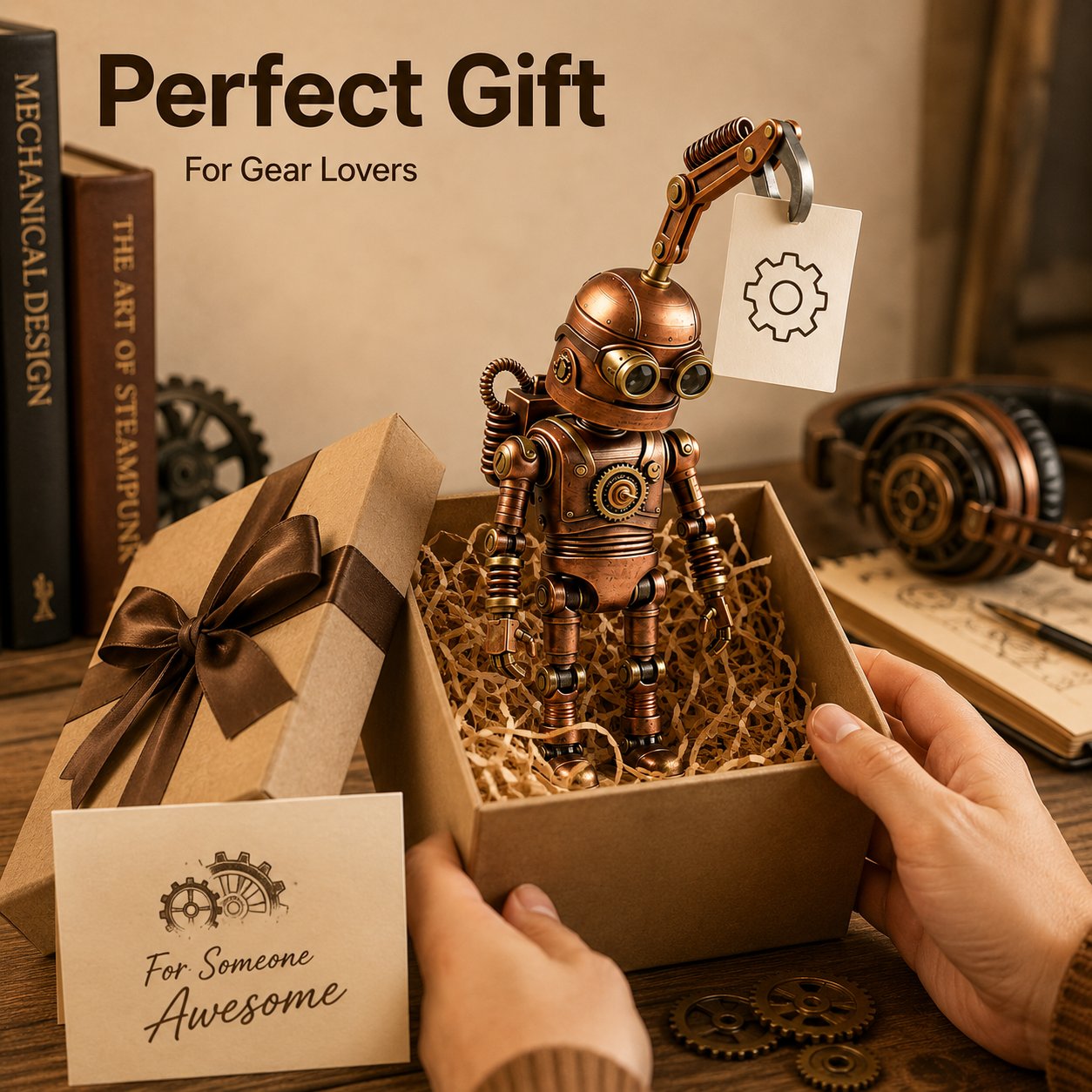 🤖 Steampunk Mood-Bot Desk Robot | Swapable Mood Card Desk Ornament For Office & Study Desktop Decor
