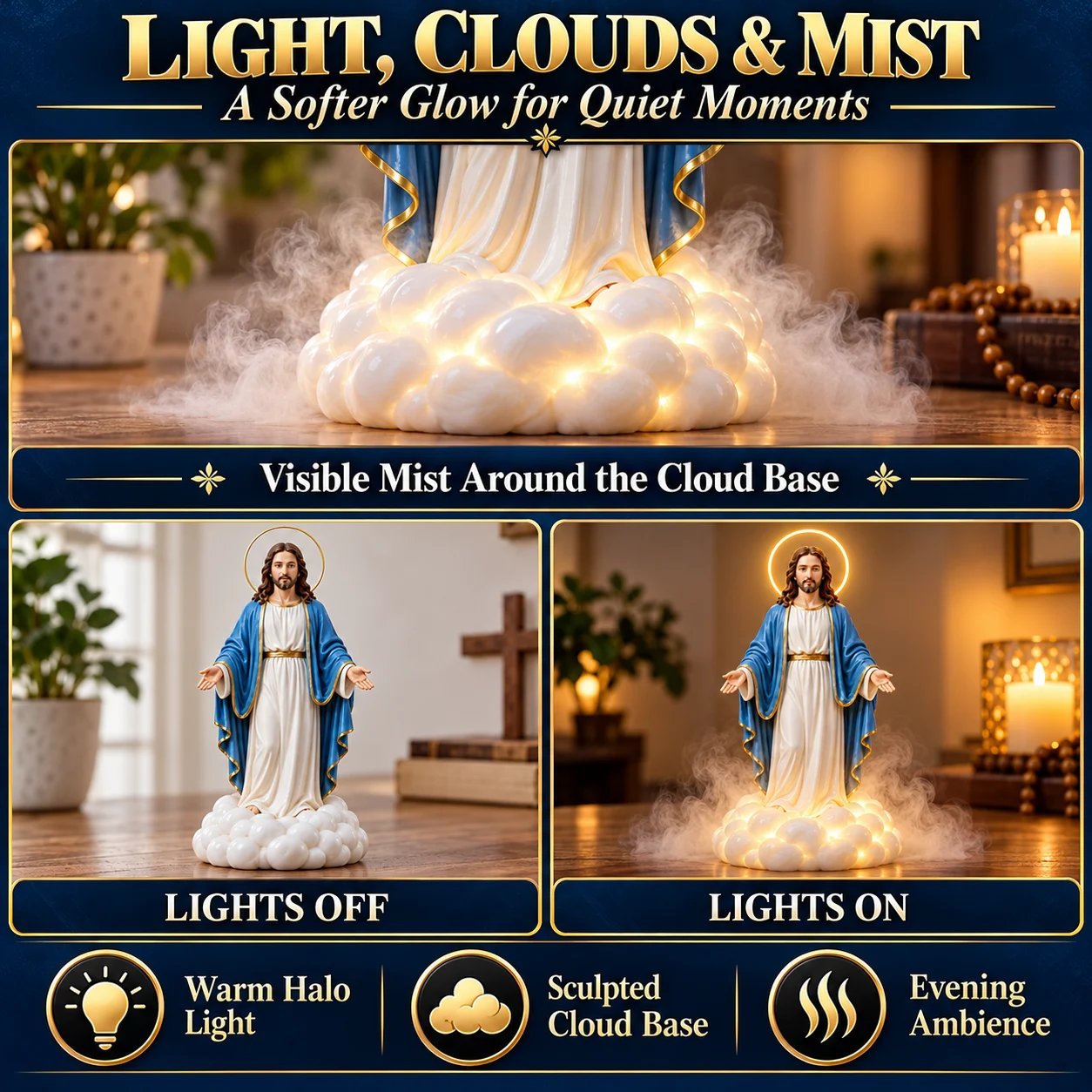 Holy Mist humidifier cloud base mist and warm halo daytime nighttime comparison