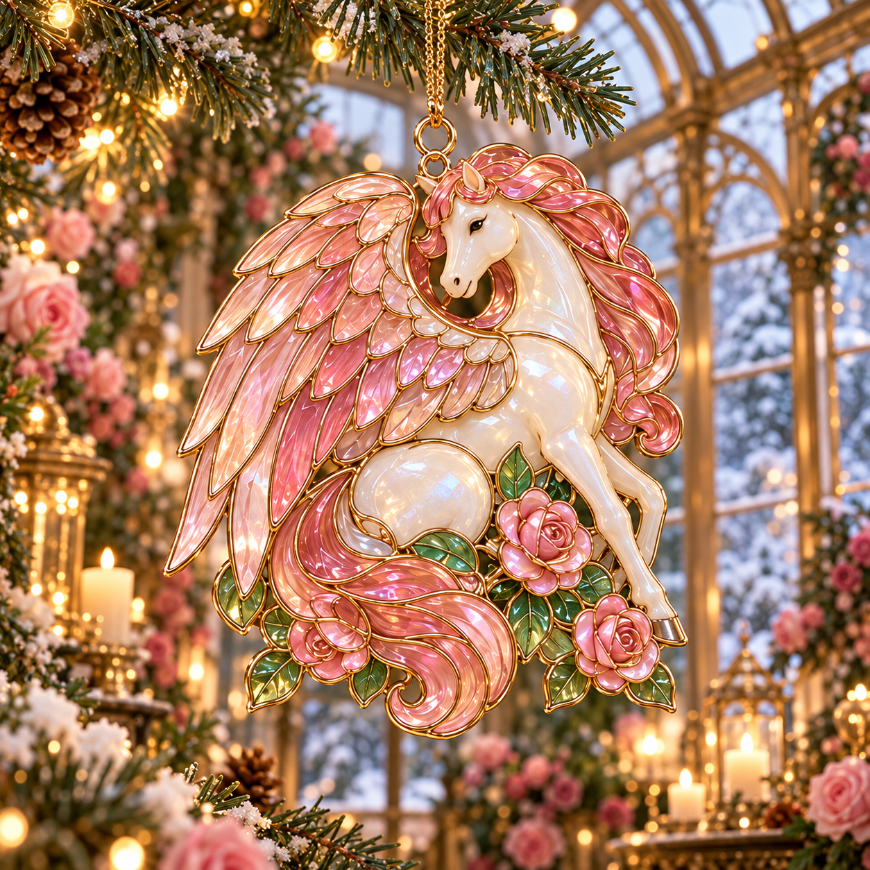 Rose Garden Pegasus pink winged horse ornament