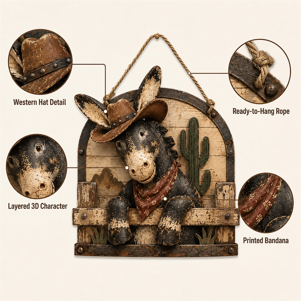 🫏 Rustic Cowboy Donkey Wall Hanging – Western Farmhouse Décor & Country Keepsake