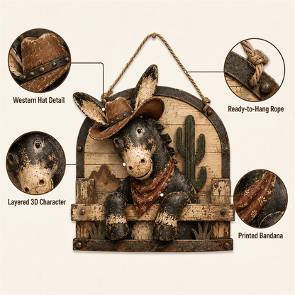 🫏 Rustic Cowboy Donkey Wall Hanging – Western Farmhouse Décor & Country Keepsake
