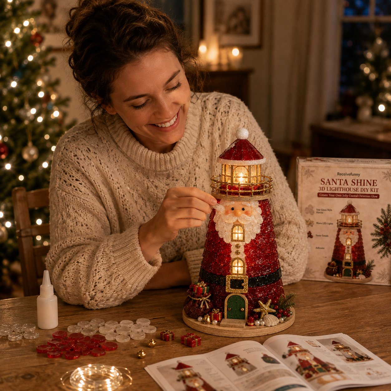🎄Beginner-Friendly DIY Lighted Christmas Character Sea Glass-Style Lighthouse Kit Collection | Complete Kit with Sea Glass-Style Pieces, LED Lights & Step-by-Step Guide Included 💕