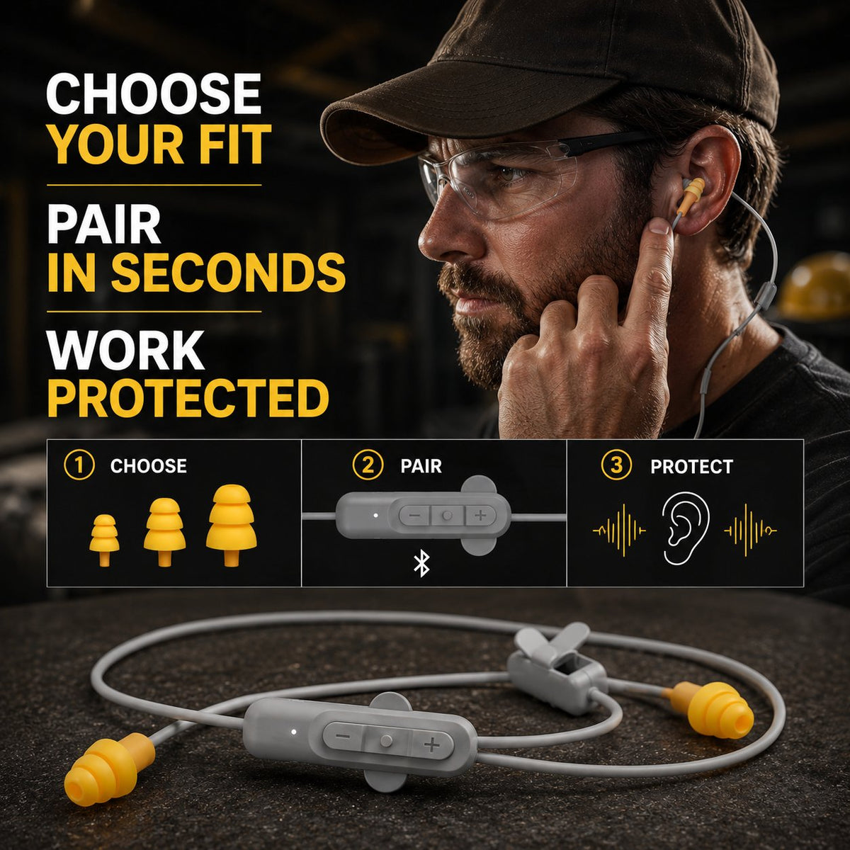 🎧 25dB NRR Wireless Hearing Protection Earbuds – 12+H Battery, Bluetooth & IP65