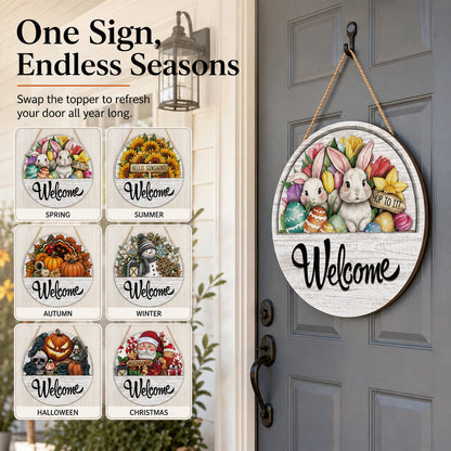 ⏳ Last Day 49% OFF – 🏡 Interchangeable Seasonal Welcome Door Sign | 12 in Woodgrain-Style Base with Magnetic 3D Toppers for Holidays, Seasons & Celebrations ✨