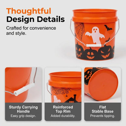 🔥HOT SALE🔥🎃Halloween Trick or Treat Candy Buckets with Sturdy Handle - Classic Home Depot Orange Ghost Pumpkin Bat Trick-or-Treat Pails - Durable Reusable Plastic Bucket Container for Kids Party Favors & Seasonal Decor🍬