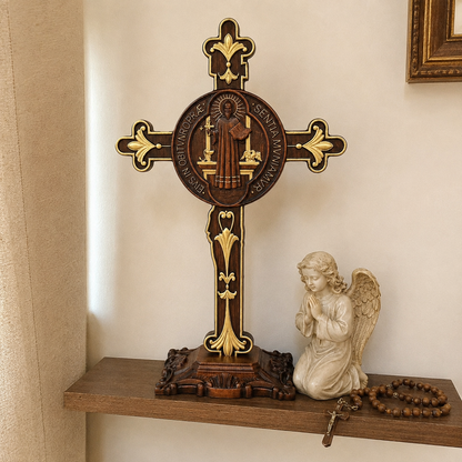 Hand-Carved Beechwood Saint Benedict Crucifix – Double-Sided Christian Standing Cross