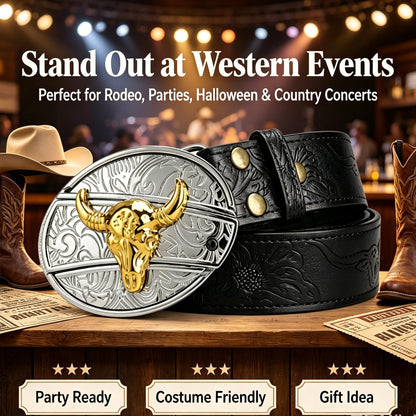 Bull‑Head Metal Buckle Embossed PU Leather Belt for Men