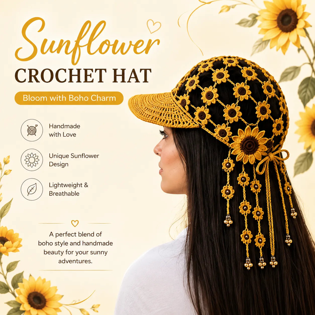 🌻 Knitted Sunflower Hollow-Out Baseball Cap