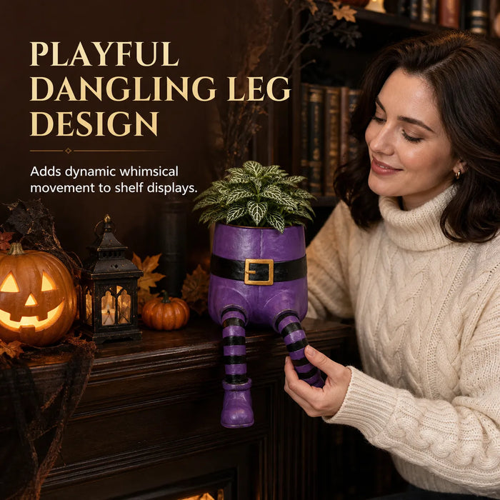Purple witch Halloween hanging leg planter