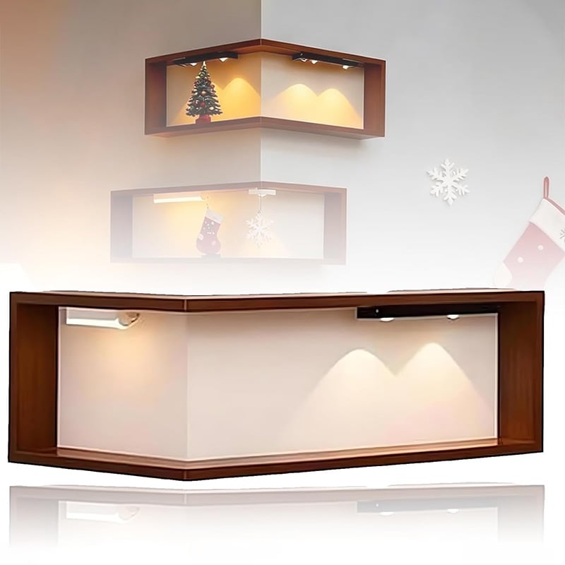 Wooden Corner Wall Shelf with Built-in Lights