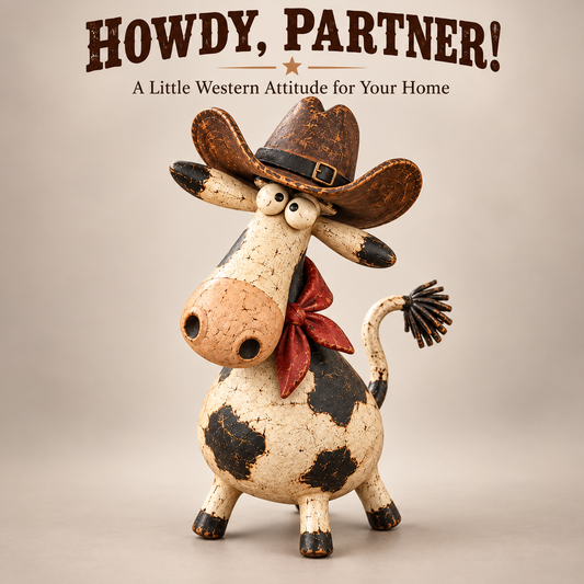 🐄🤠 Funny Cowboy Cow Figurine | Rustic Farmhouse Cow Statue, Western Ranch Décor & Cow Lover Gift