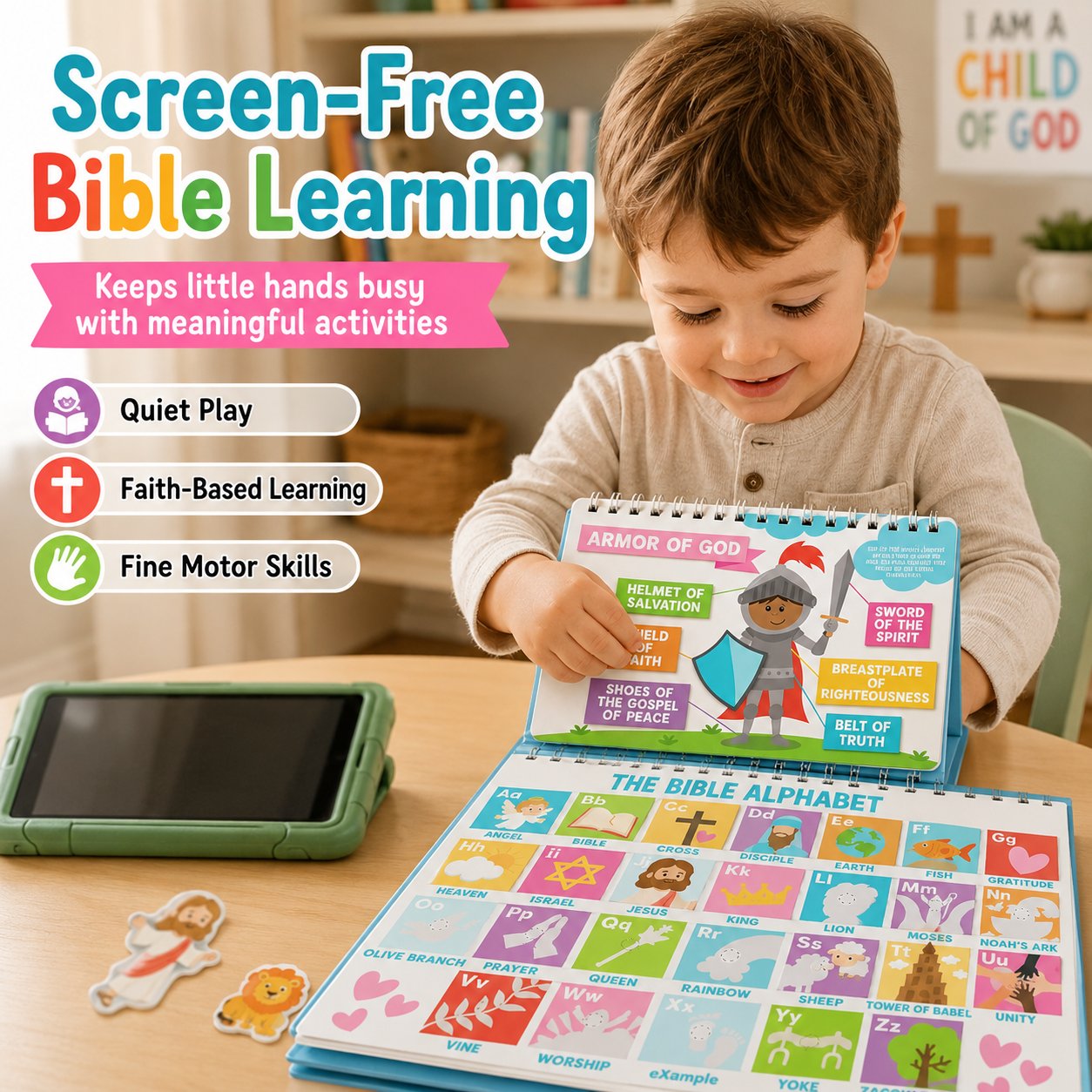 ✝️ Bible Busy Book for Toddlers | Montessori Christian Quiet Book with 152 Velcro Pieces & 15 Faith Activities