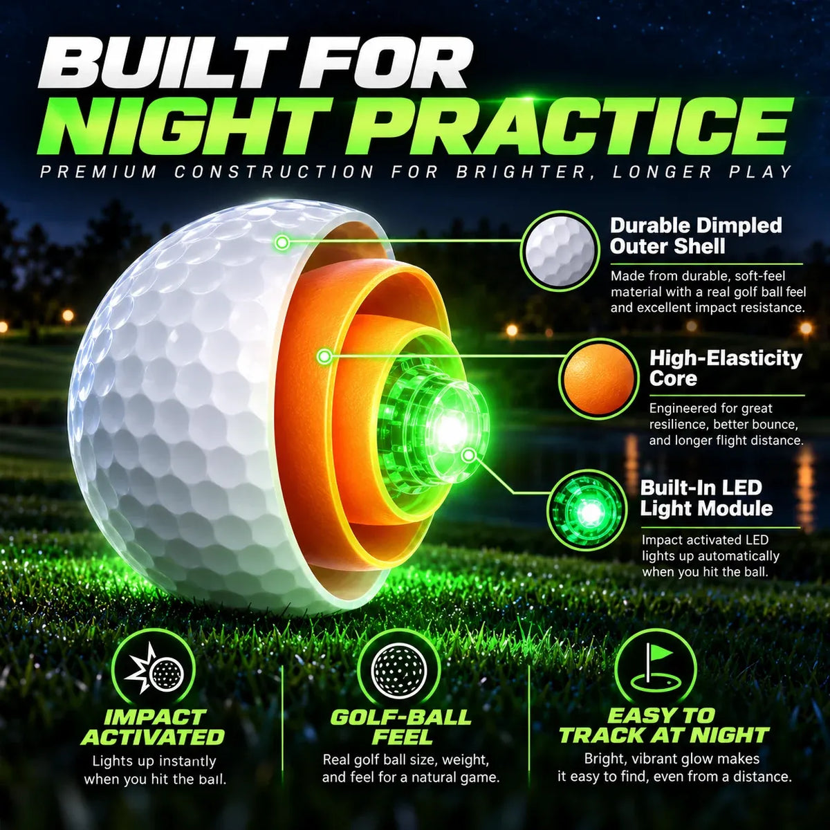 ⛳ Impact-Activated LED Golf Ball – 6 Glow Colors