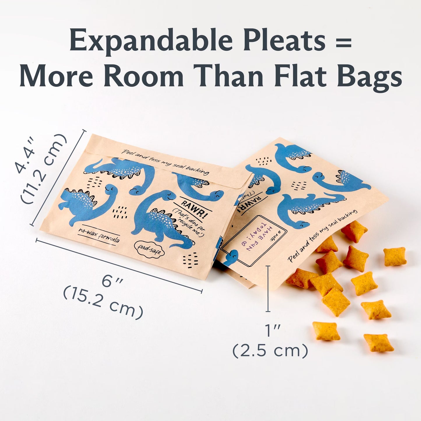 Kids Recyclable Paper Snack Bags, Sealable Dinosaur Design 50 Count Food Sacks