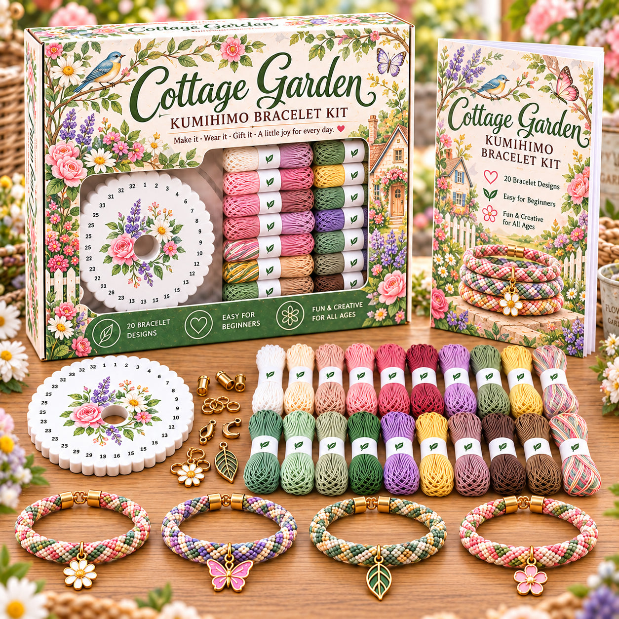 Cottage Garden bracelet making kit and sample braided floral bracelets