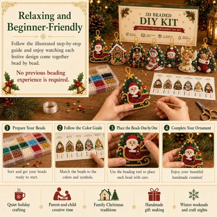⏳ Last Day 49% OFF – 🎄 Beginner-Friendly DIY 3D Christmas Beaded Ornament Kit | Complete 4-Piece Set with Glass Beads, All Tools & Step-by-Step Guide Included 💕