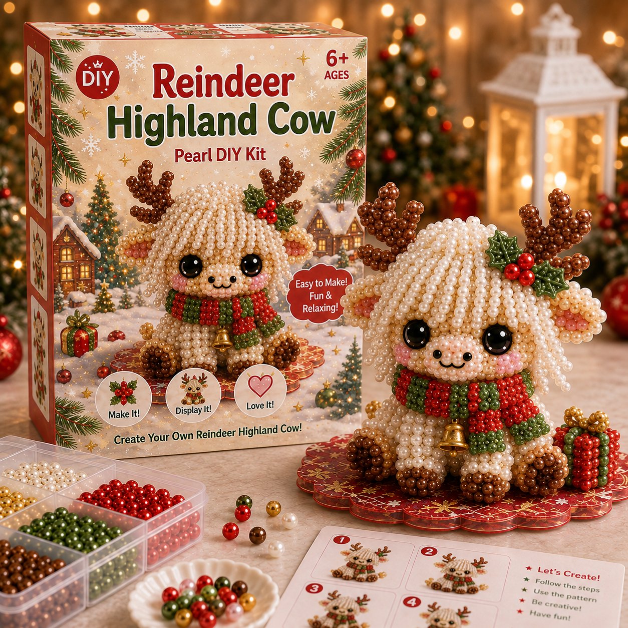 ⏳ Last Day 49% OFF – 🎄Beginner-Friendly Christmas Highland Cow 3D Pearl Bead DIY Kit | Complete Kit with All Tools & Step-by-Step Guide Included 💕