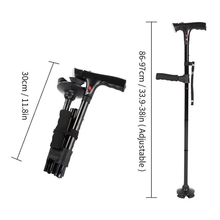 🦯💡 LIMITED-TIME 50% OFF! Multifunction Folding Walking Cane – Built-In Light, Emergency Alarm, Quad Base & 5-Level Height Adjustment