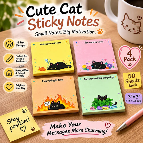 🐾 Sassy Black Cat Sticky Notes (4-Pack) | Funny Sarcastic Memo Pads for Office, School & WFH | 3'x3'