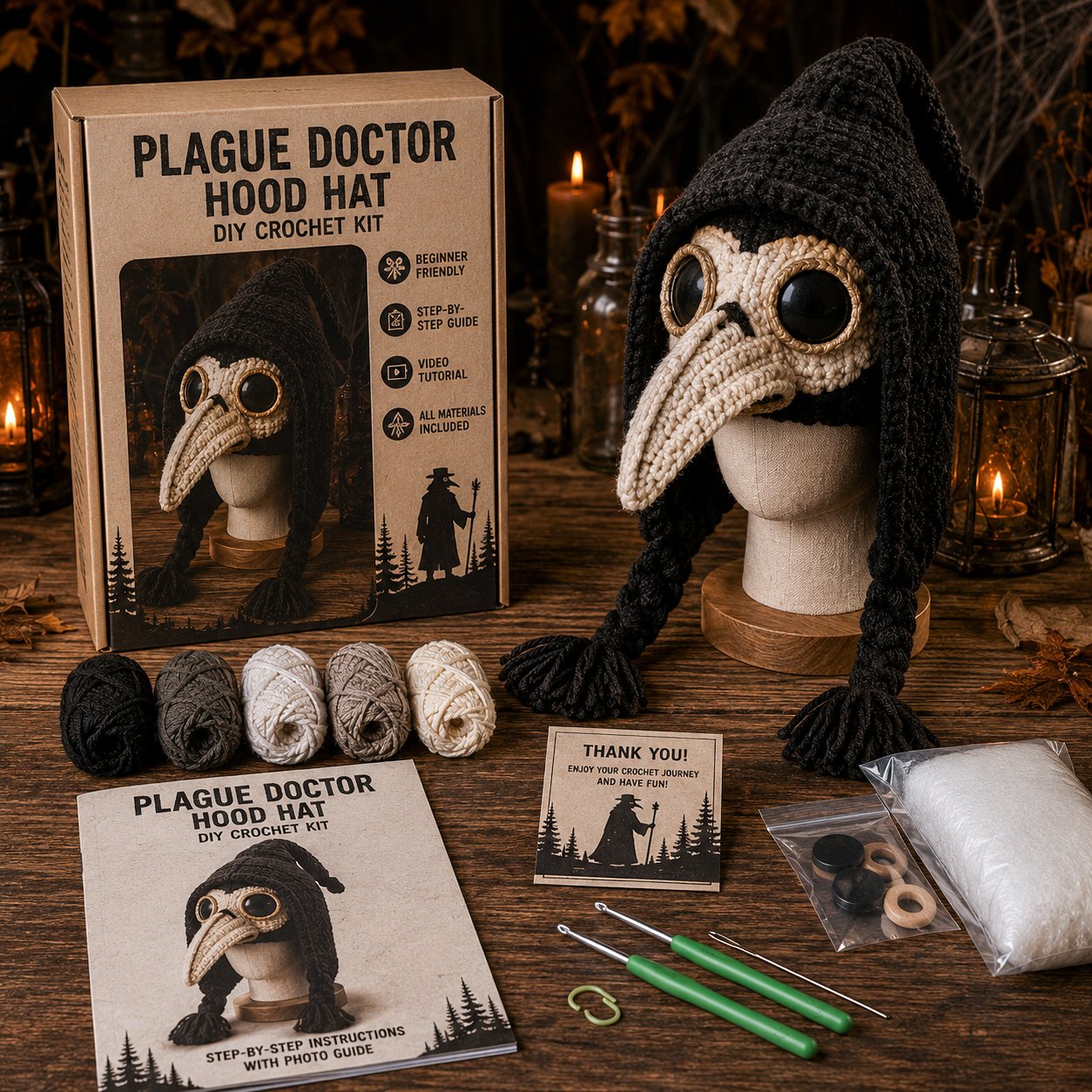 🔥 LAST DAY 49% OFF – 🎃✨ Halloween Hood Hat DIY Crochet Kit | Premium Soft Yarn Materials with Step-by-Step Guide DIY Handmade Wearable Spooky Character Hood 🧶🎭✨