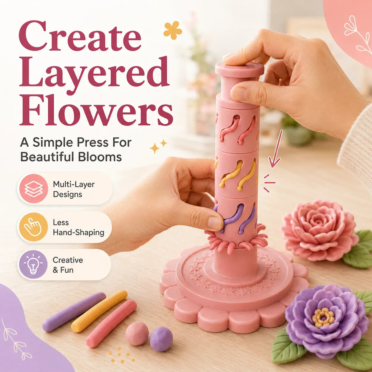 ⏳ Last Day 49% OFF – 🌸 Beginner-Friendly Clay Bloom Maker Set | Reusable 3D-Printed Flower Shaping Tool with Interchangeable Sleeves & 24-Color Modeling Clay Included ✨