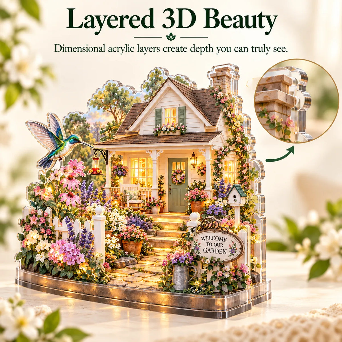 🌷DIY Layered Acrylic Garden Cottage Kit with LED Lights✨