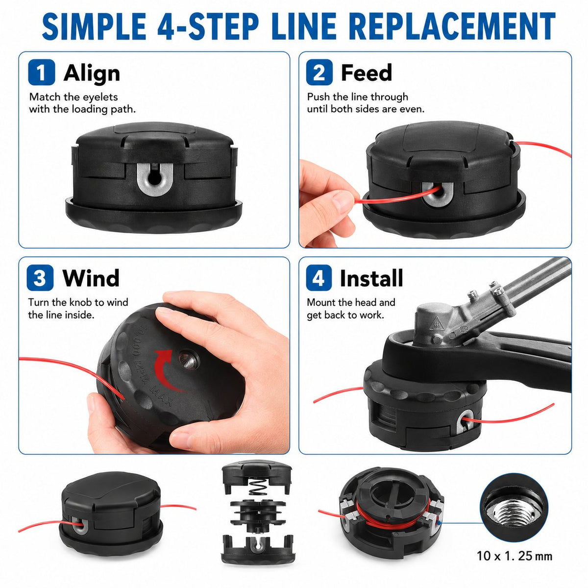 🌿 Quick-Load Trimmer Head – M10 × 1.25 No-Disassembly String Trimmer Replacement Head