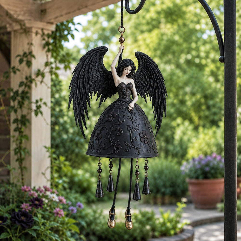 Dark angel wind chime hanging in a garden