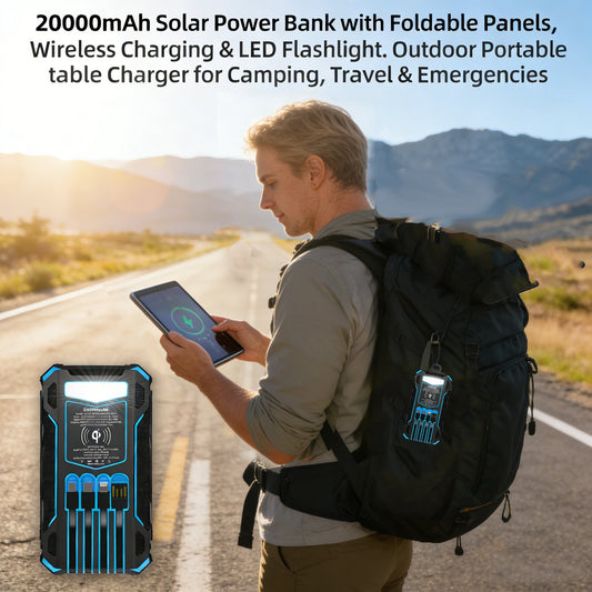 20000mAh Solar Power Bank with Foldable Panels, Wireless Charging & LED Flashlight