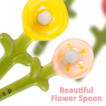Ceramic Flower Measuring Spoons Set with Pink Pot Holder 🌸