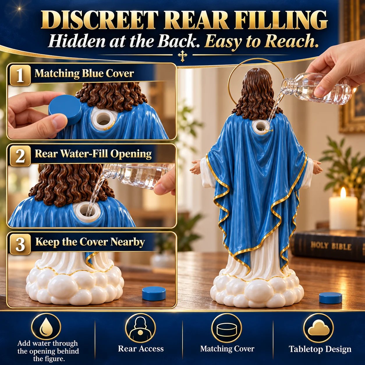 Rear water fill opening and matching blue cover of Holy Mist humidifier