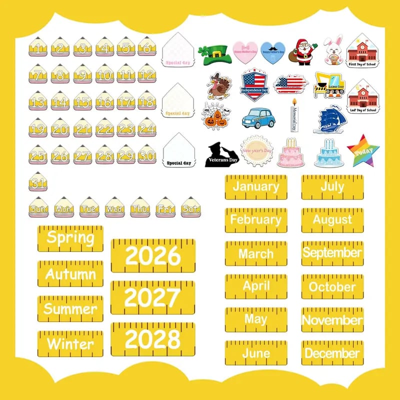 📅Back to School 2026-2028 Classroom Pencil Calendar Pocket Chart | 82 Educational Activity Cards🖍️