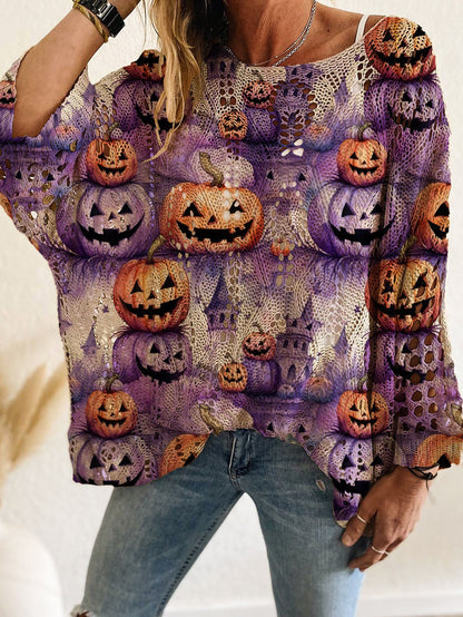 ON SALE🎃2026 Women's Halloween Pumkin Print Long Sleeve Knit Top, Spring Summer Fall Wear,