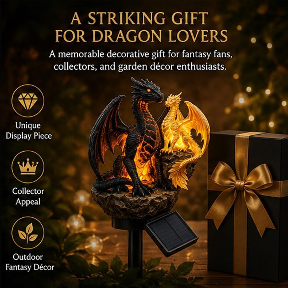 🐉 Solar-Powered Twin Dragon Garden Sculpture Light-Fantasy Outdoor Decor • Twin Ember Glow Edition
