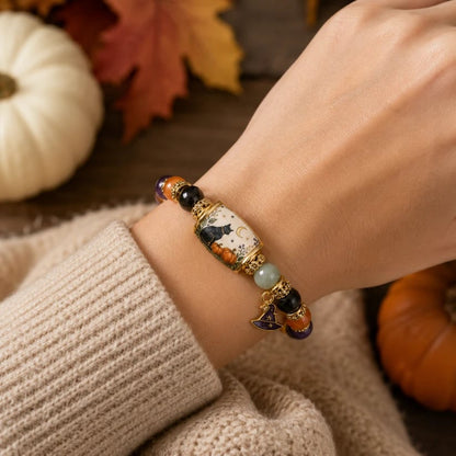 🎃 Limited Edition Halloween Black Cat & Pumpkin Beaded Bracelet Set | Spooky Cute Gift Jewelry