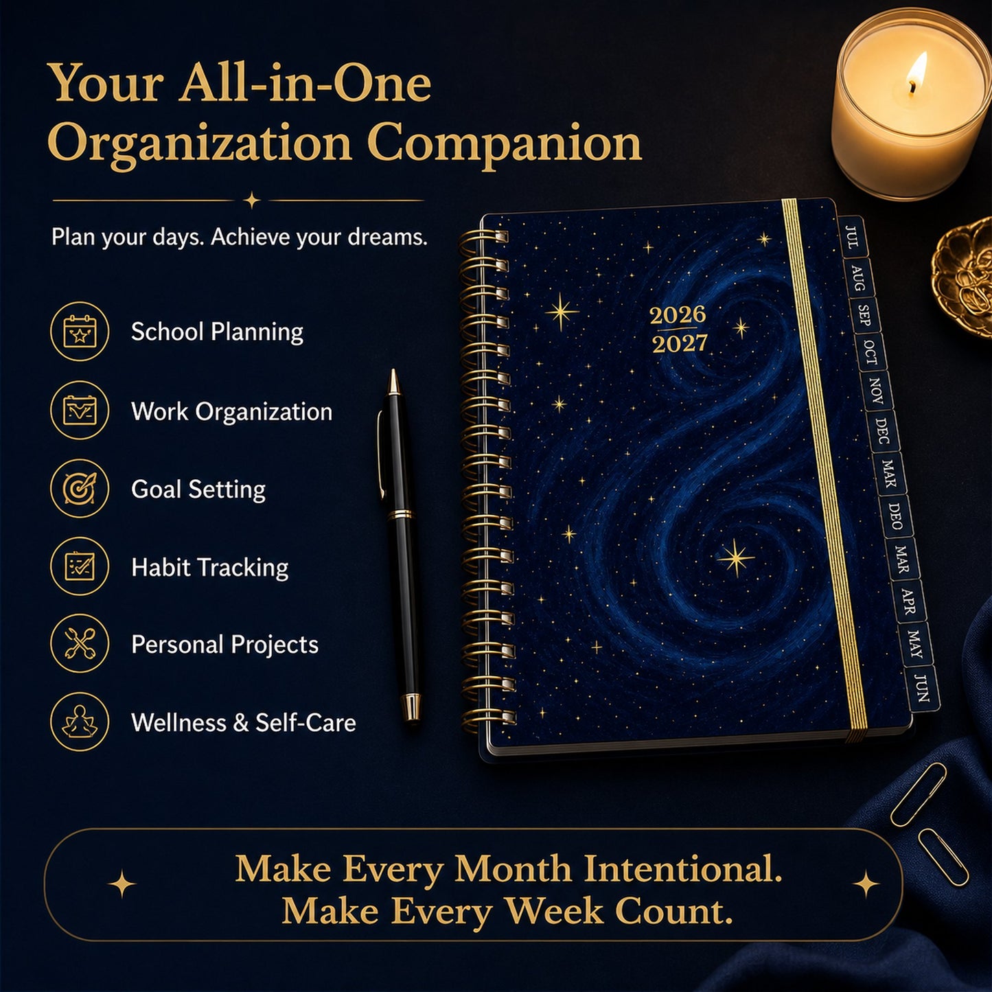 🔥 LAST DAY 49% OFF – 🌌 2026-2027 Midnight Galaxy Mid-Year Planner | 120gsm Bleedproof Paper, Goal Trackers, Reflection Pages, Monthly Tabs, Stickers & Back Pocket ✨