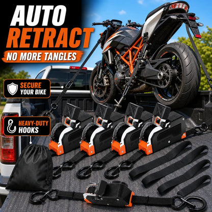 ⏰Limited Stock 60% OFF 🚜 Dual-End Retractable Tie-Down Ratcheting Straps, Large Locking S Hooks for Motorcycle, ATV, Truck