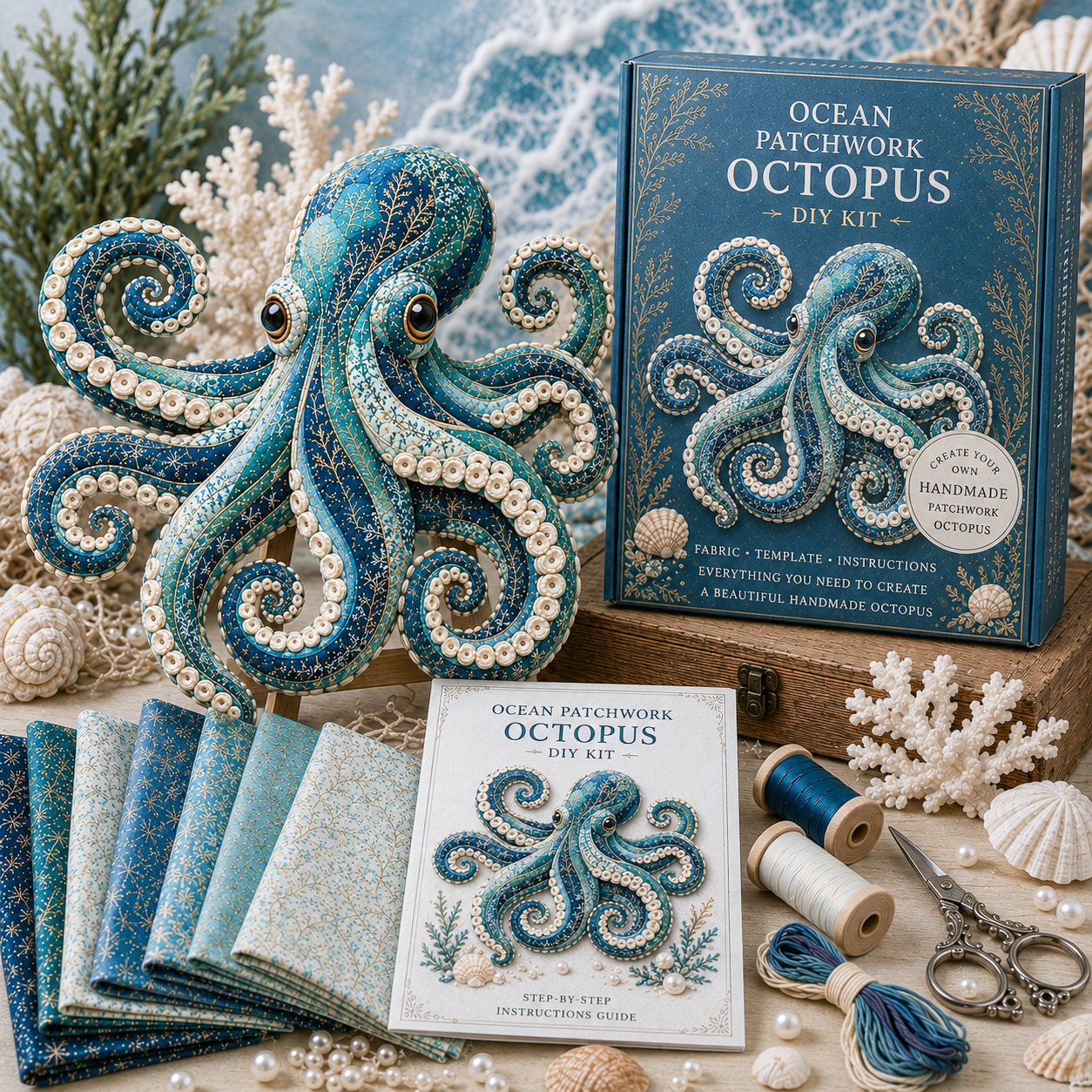 🌊🧵 Premium Ocean Patchwork DIY Kit | High-Quality Layered Fabric with Stitched Details DIY Handmade Coastal Decor 🐚✨