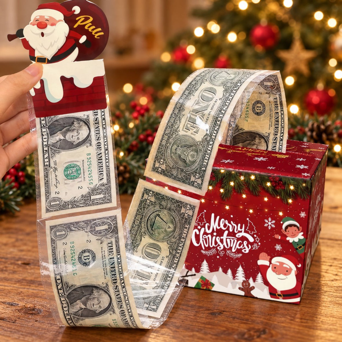 💵🎄 Christmas Money Pull Surprise Box 50 Fillable Pockets for Cash, Treats, Notes & More 🎁