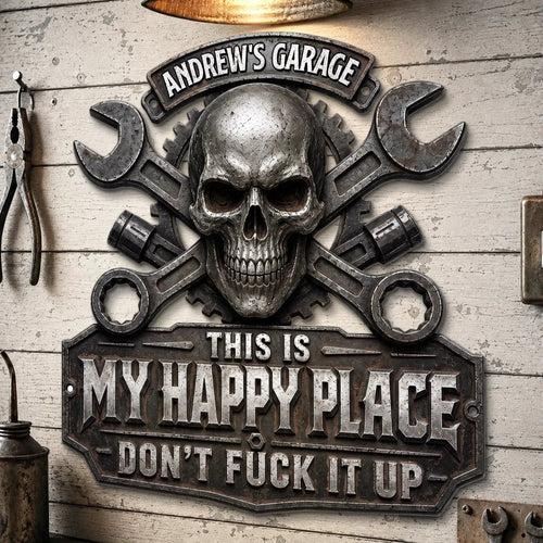 ⏳ Last Day 49% OFF – 💀 Personalized “This Is My Happy Place” Skull & Wrench Garage Metal Sign | Durable Stainless Steel with Custom Name, Faux 3D UV-Printed Details & Pre-Drilled Hanging Holes 🔧✨