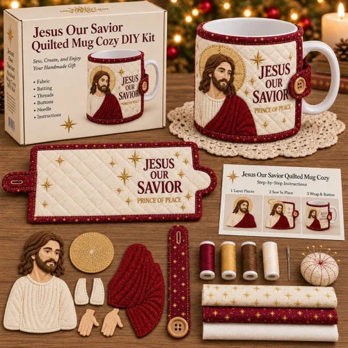 ✝️ Beginner-Friendly Christmas Faith Mug Cozy Sewing Kit | 6 Christian-Inspired Designs with Fabric Pieces, Batting, Appliqué, Thread, Buttons, Needle & Step-by-Step Guide Included 💕